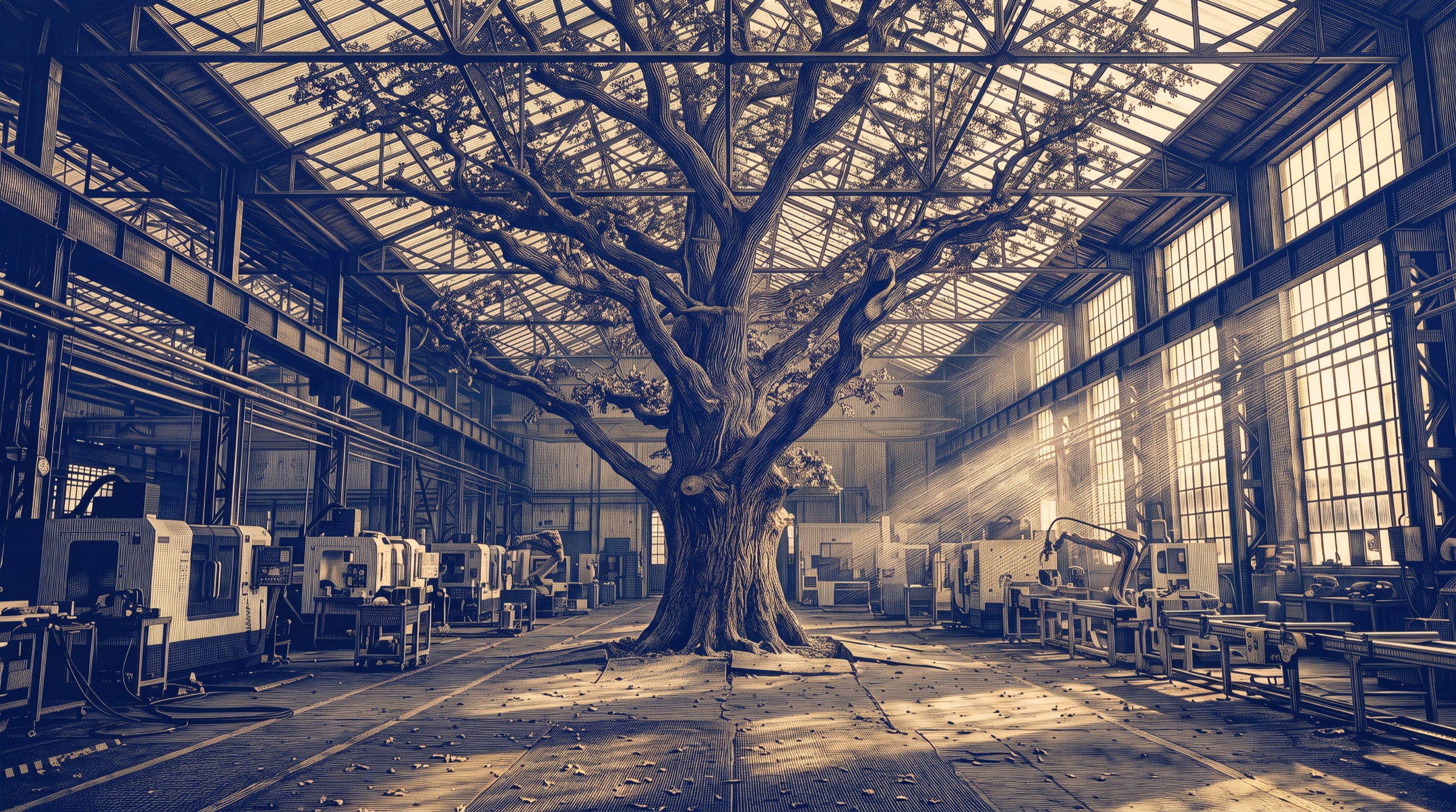 An old oak tree growing through the floor of a glass-roofed machine hall, engraved in cobalt and gold